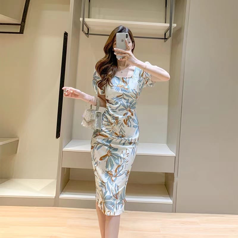 【dress】スクェアネック半袖花柄配色着やせタイトワンピースF2741