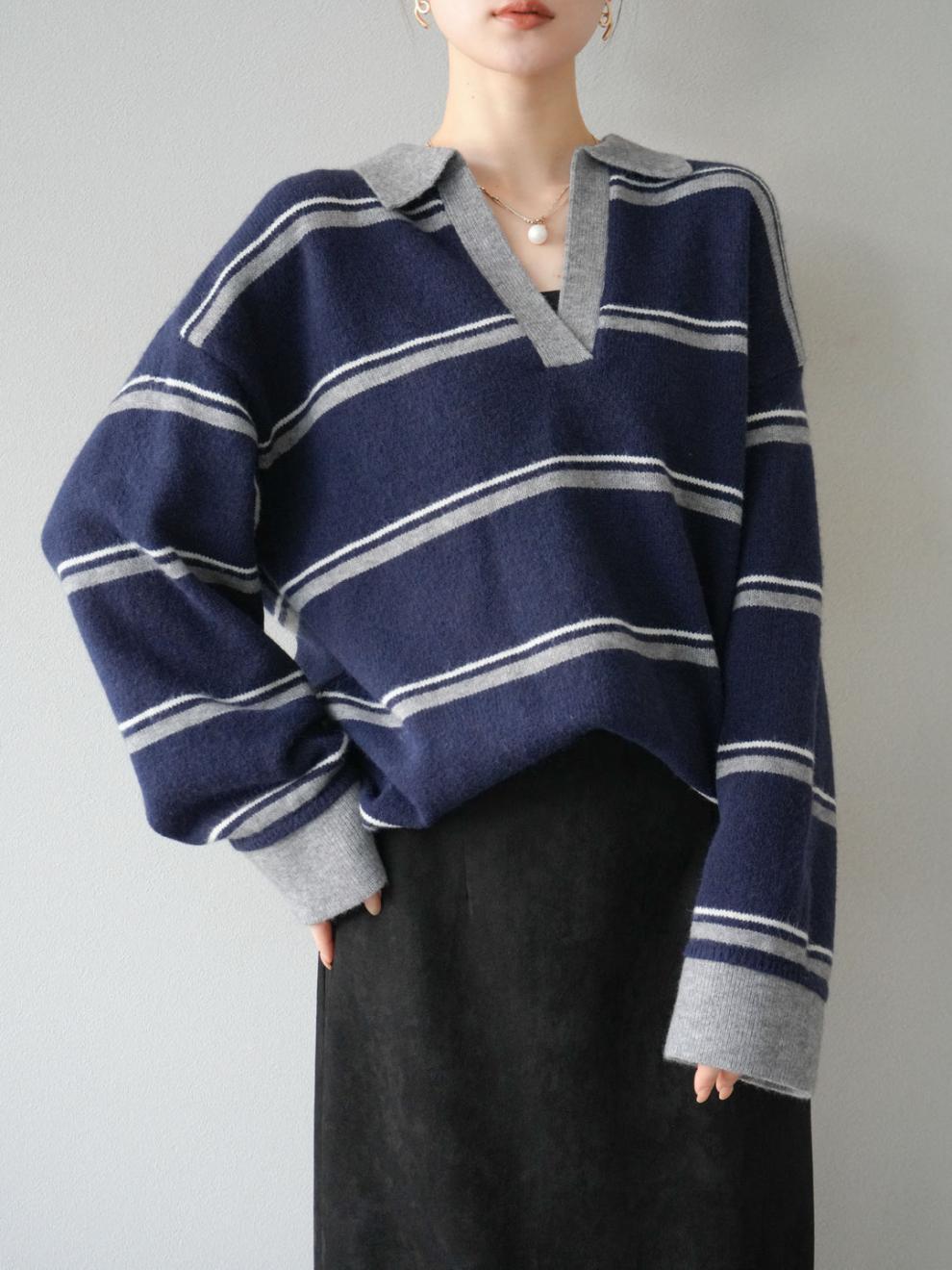【tops】Ⅴネックボーダー柄ニットトップス N3430