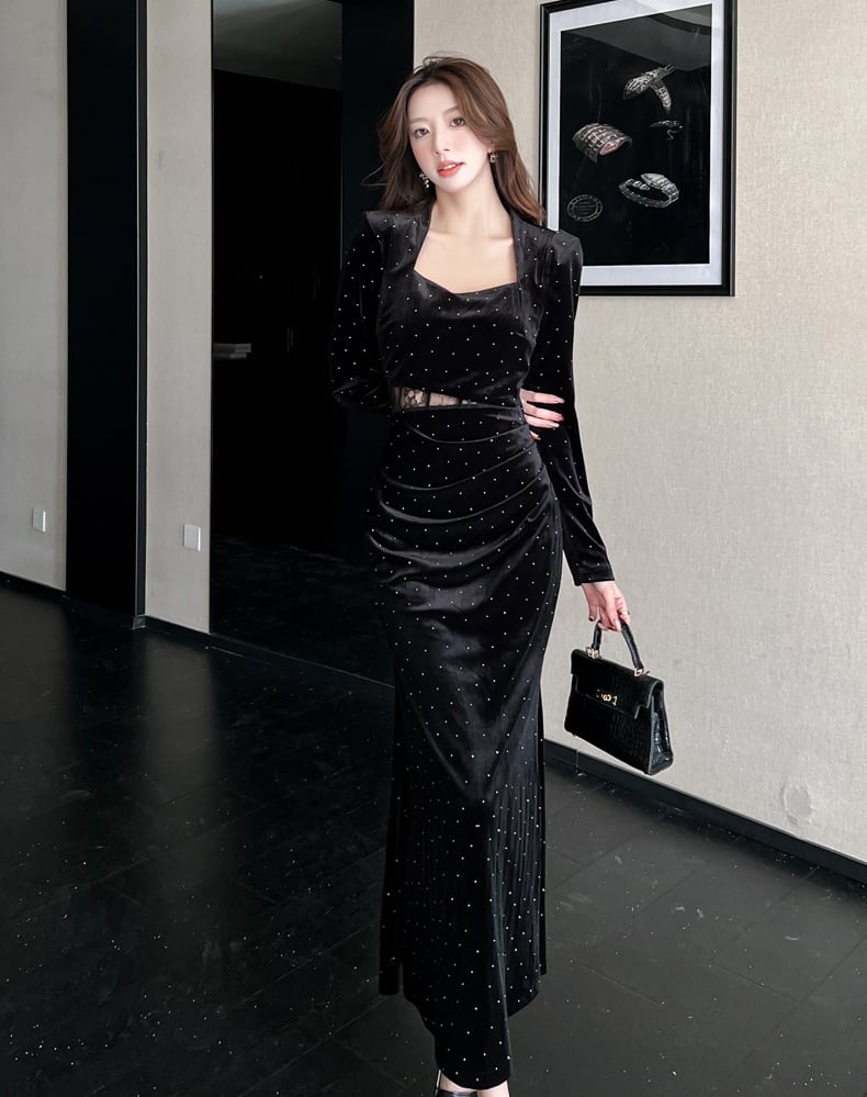 【dress】スクエアネックレースドッキングロングワンピース Q7286