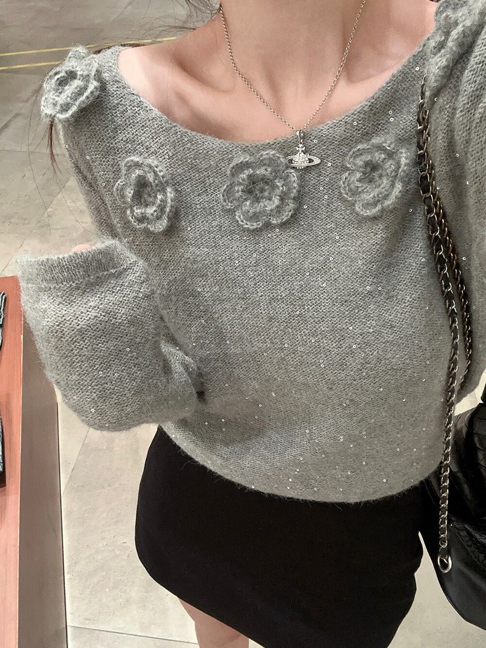 【tops】スパンコール立体フラワーニットトップス　M27222