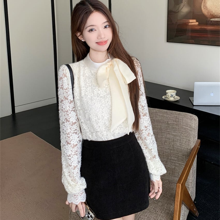 【tops】リボン付き裹起毛レーストップス　M28380