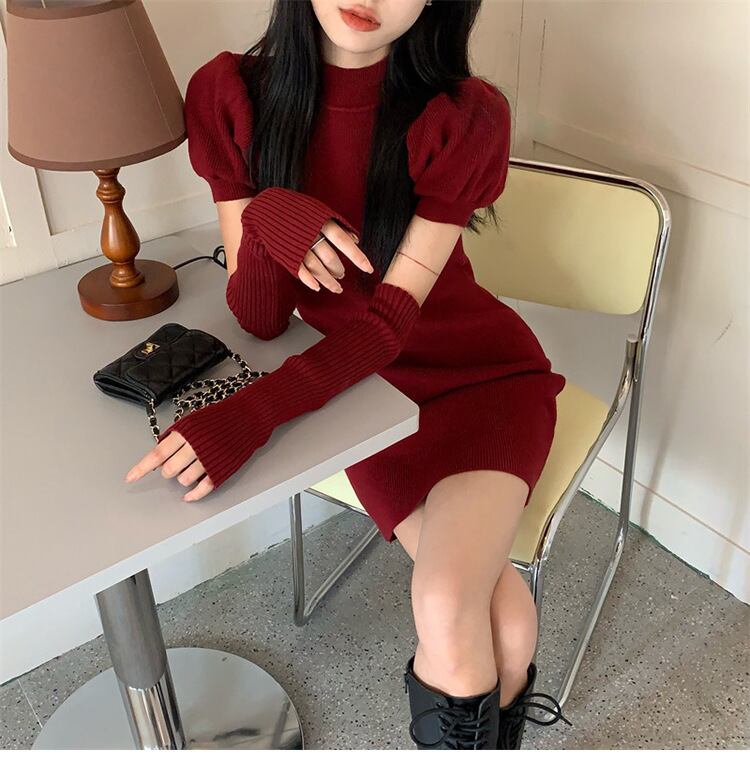 【dress】美人度アップ!気質満点アームカバー付きタイトセクシーギャルニットワンピース G10003