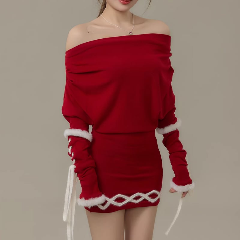 【dress】ファー付きオフショルダーニットワンピース Q7730