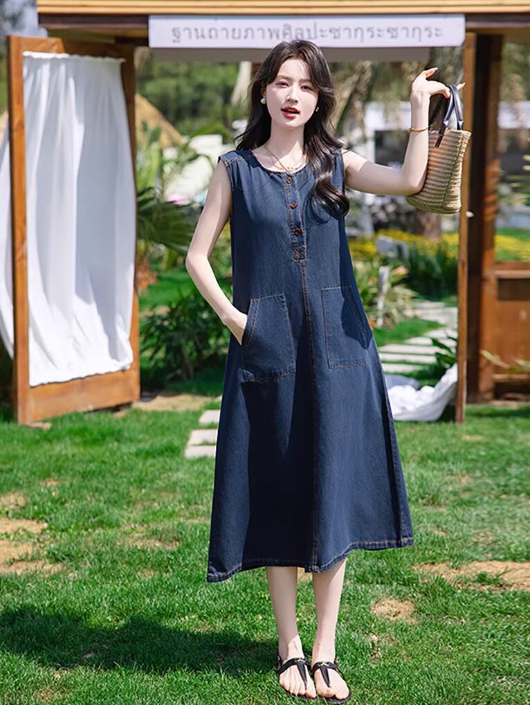 【dress】ポケット付きデニムベストワンピース Q8419