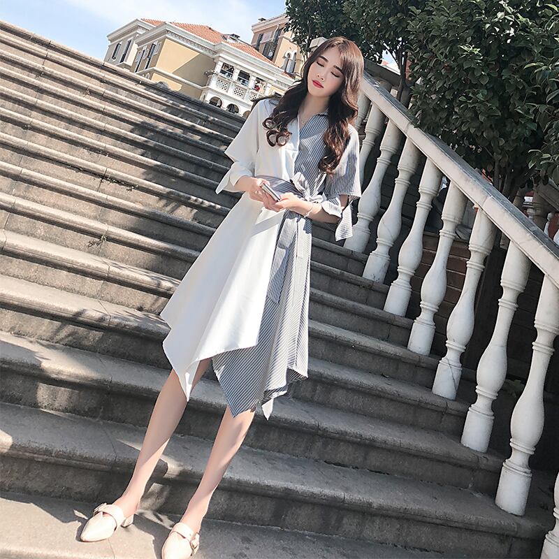 【dress】高級感不規則形気質満点Vネックストライプ柄着痩せシフォンワンピースF0030