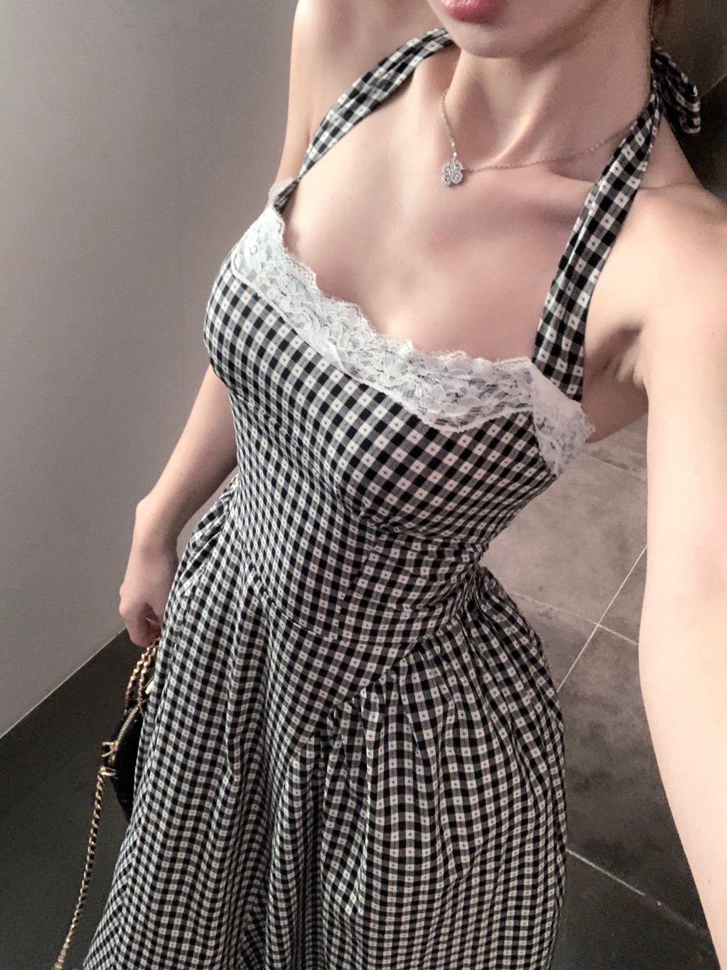 【dress】レース切り替えバックリボンチェック柄ワンピースF7789