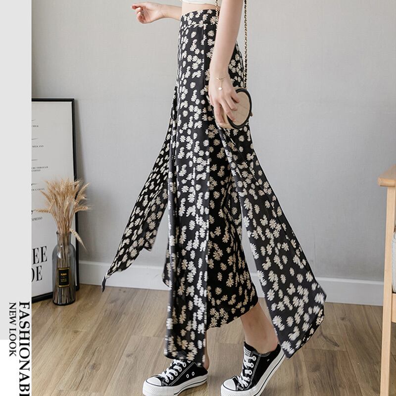 【bottoms】細身効果抜群♪シンプル花柄合わせやすいハイウエスト九分丈ガウチョパンツF0065