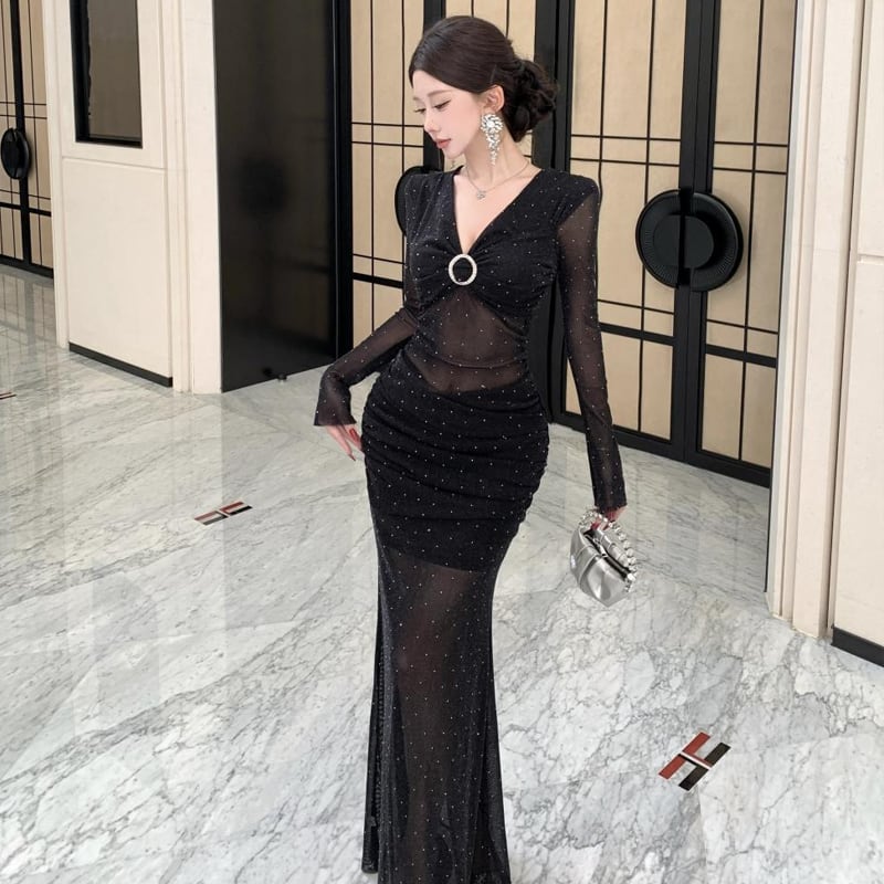 【dress】チュールドッキングロングワンピース Q7422