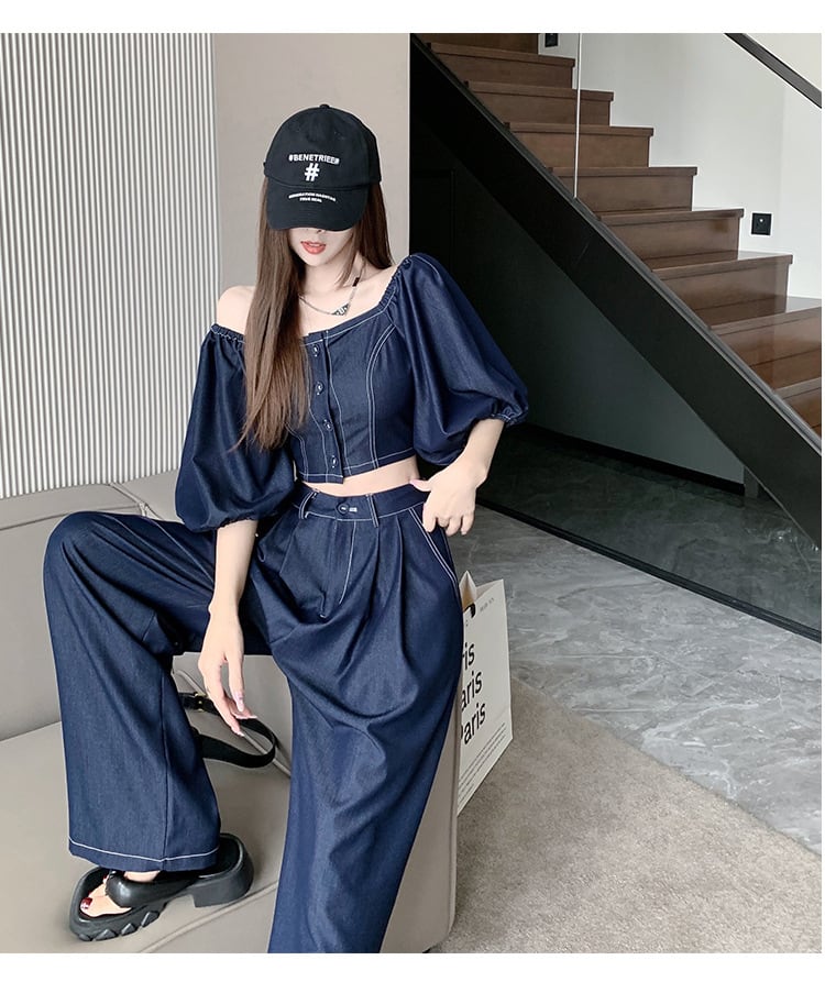 【set】オフネック半袖パフ袖ブラウス+無地ガウチョパンツ2点セットF5313