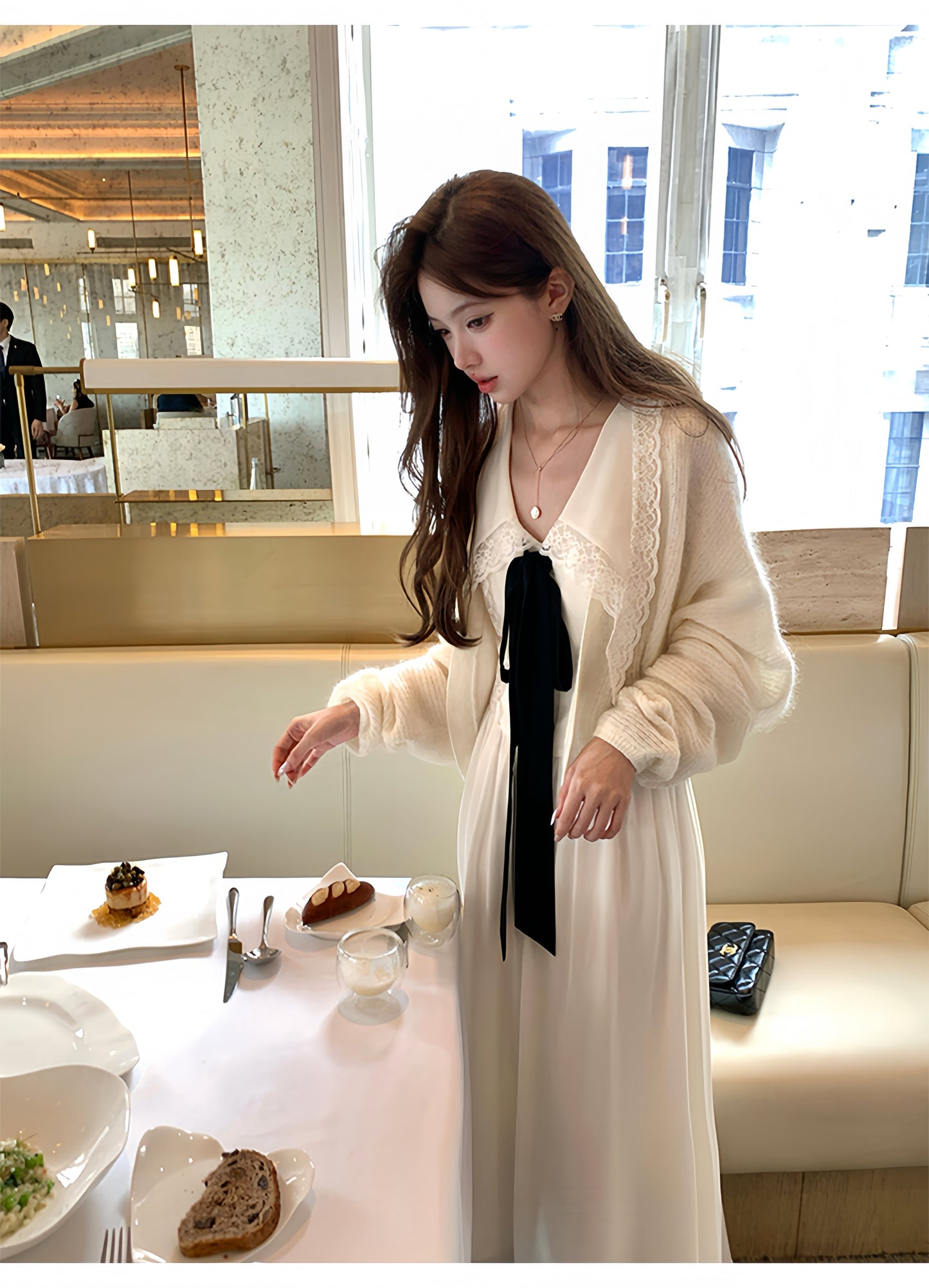 【dress】ビッグリボンレースドッキングロングワンピース　N3316