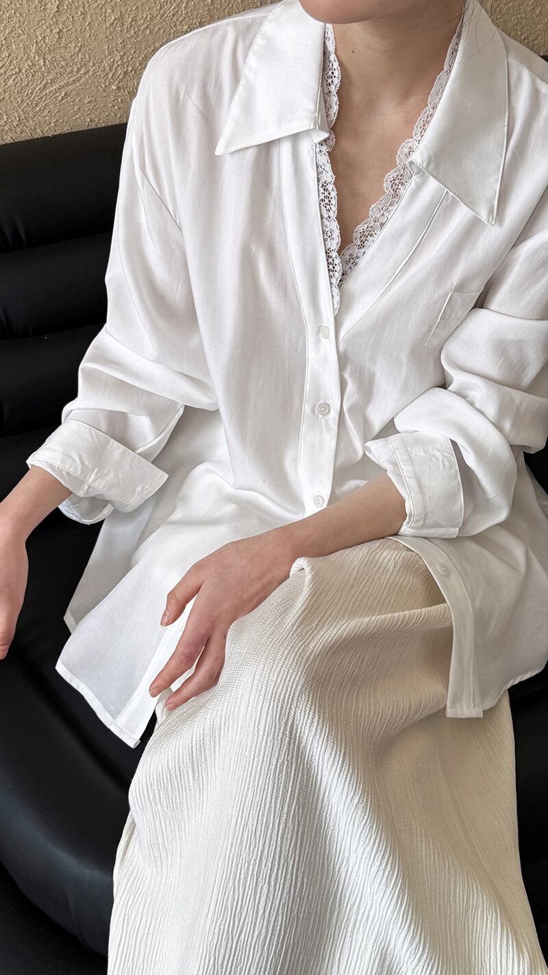 【tops】レース切り替えシャツブラウス　M29946