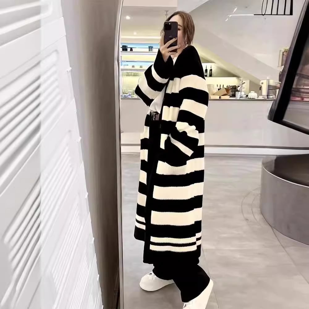 【outer】ボーダー柄ロング丈ニットカーデ　M25902