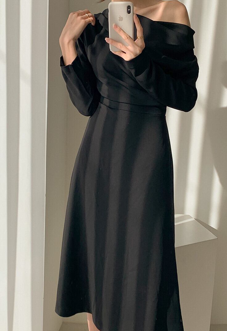 【dress】エレガント気質満点シンプル不規則着痩せハイウエスト長袖ワンピース G2964