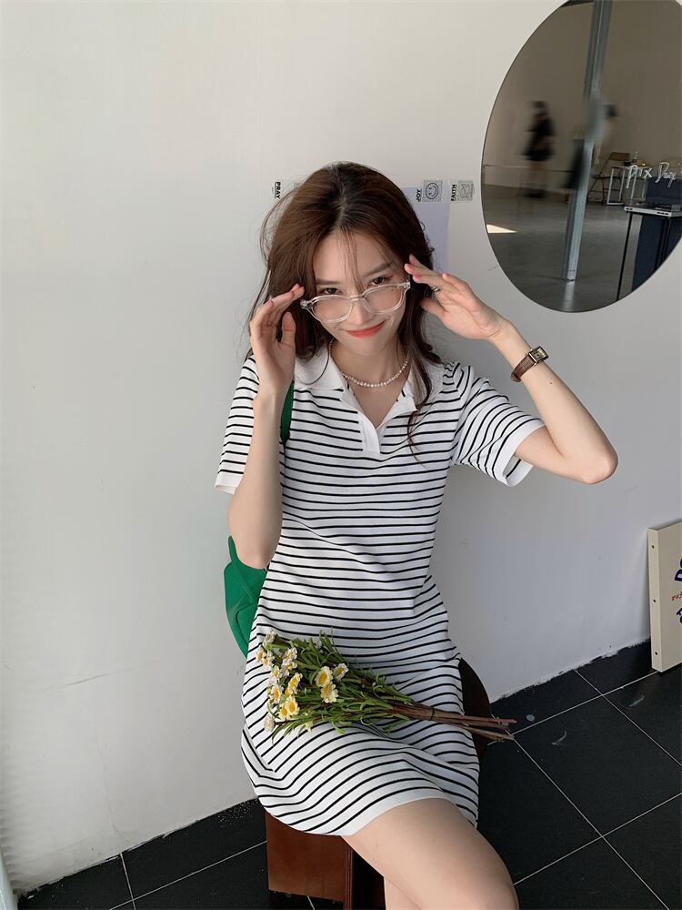 【dress】韓国風スウィートVネック着痩せストライプ柄ニットワンピース G0210