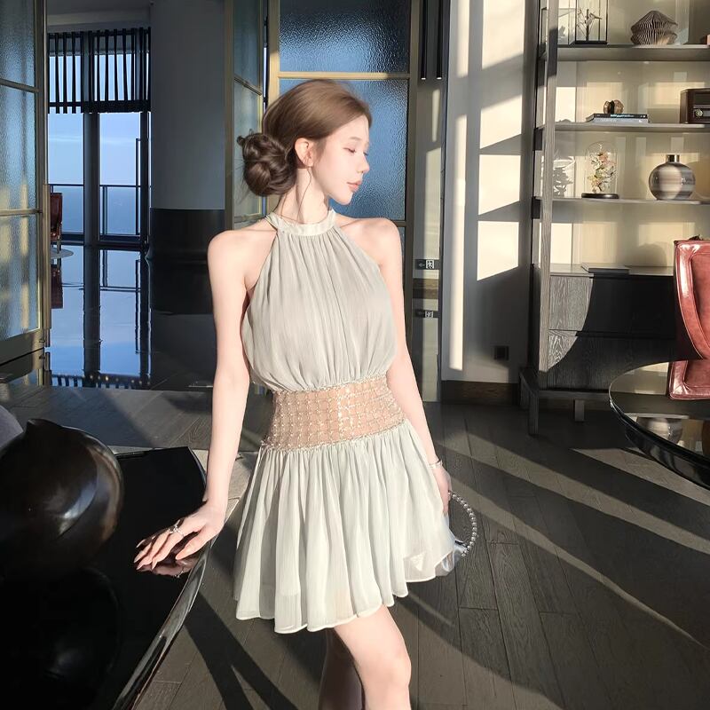 【dress】ビーズ付きノースリーブチュールミニワンピース Q8406