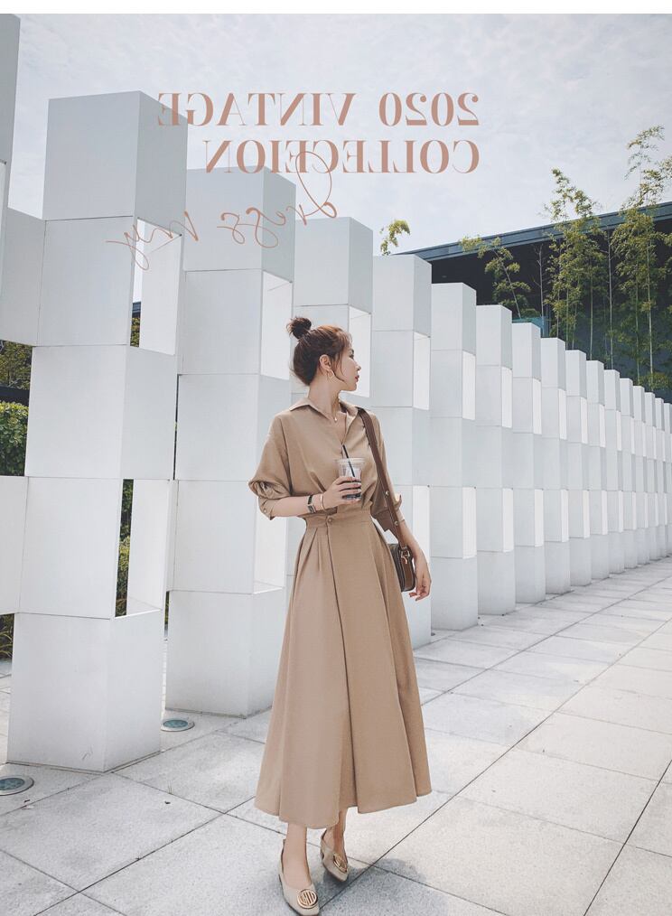 【dress】OL通勤気質満点レトロスウィート長袖Vネック無地着痩せワンピース