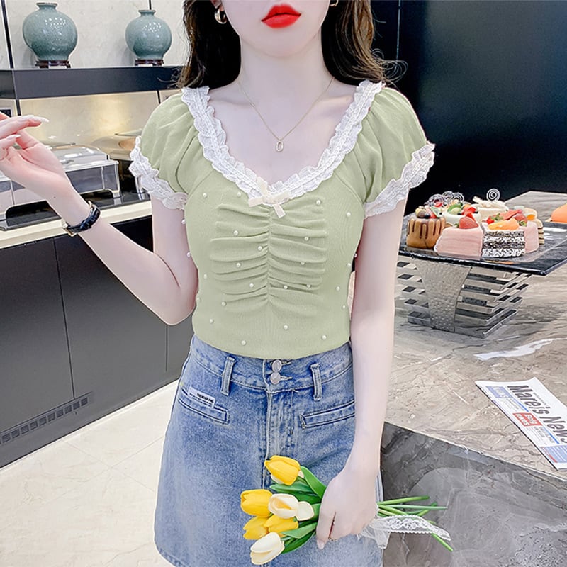 【tops】レース切り替えTシャツ　M24061