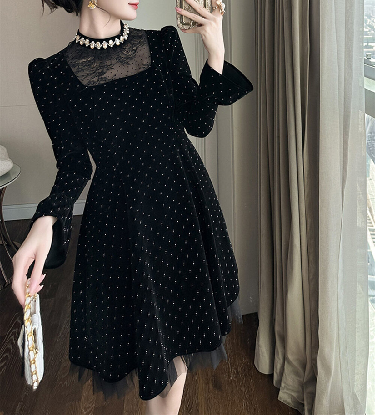 【dress】レースドッキングラインストーンベロアワンピース　N3420