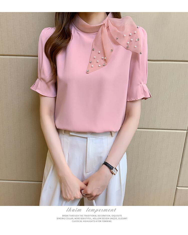 【tops】美人度アップ!スウィートリボンルーズシフォンパフスリーブフランス風シャツ G6683