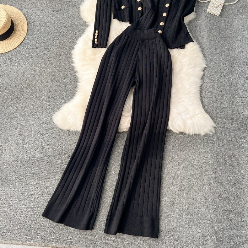 【set】ニットカーディガン+ベスト+ガウチョパンツ3点セットF6989