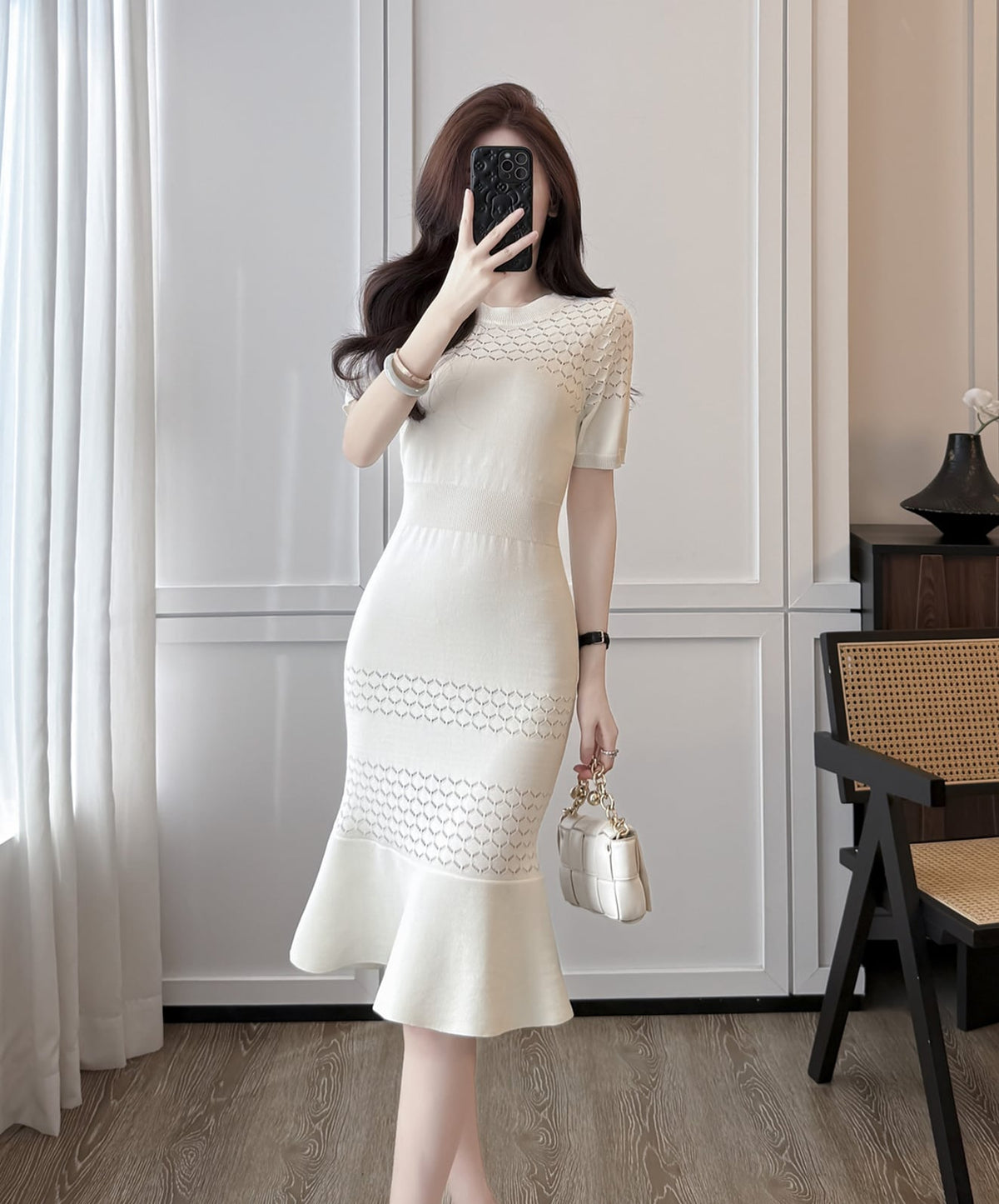 【dress】半袖ニットマーメイドワンピース Q8494