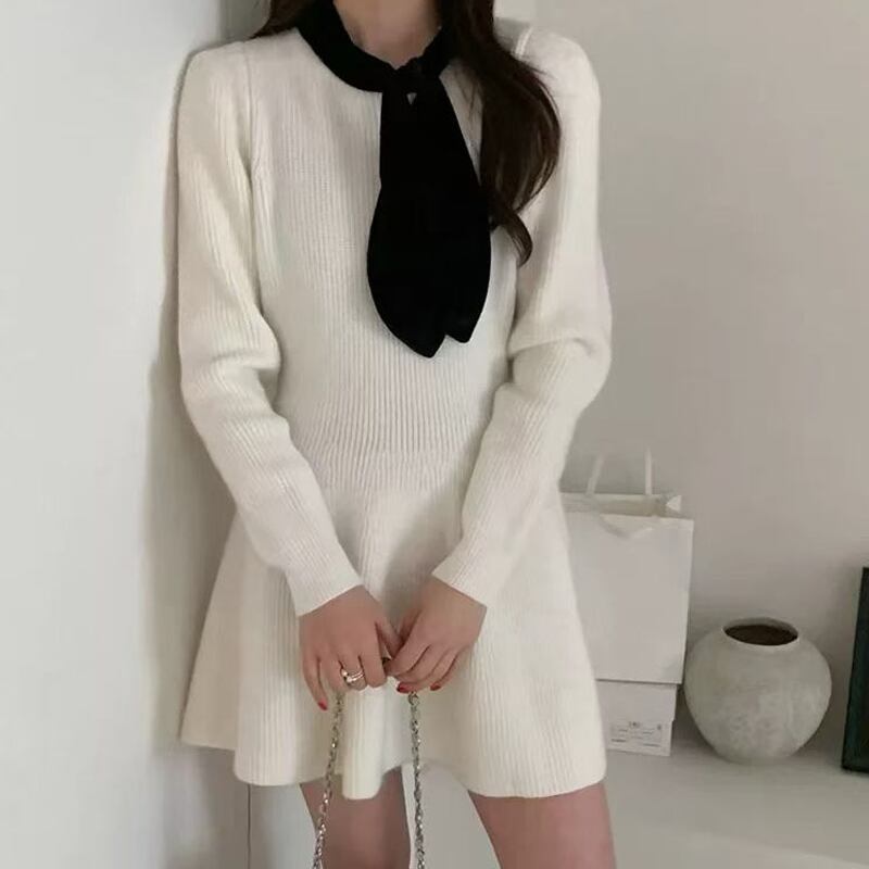 【dress】スカーフカラーニットワンピース Q7482