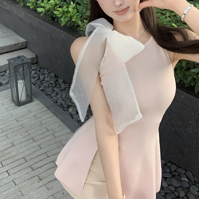 【tops】ノースリーブリボン付きトップス　M24344