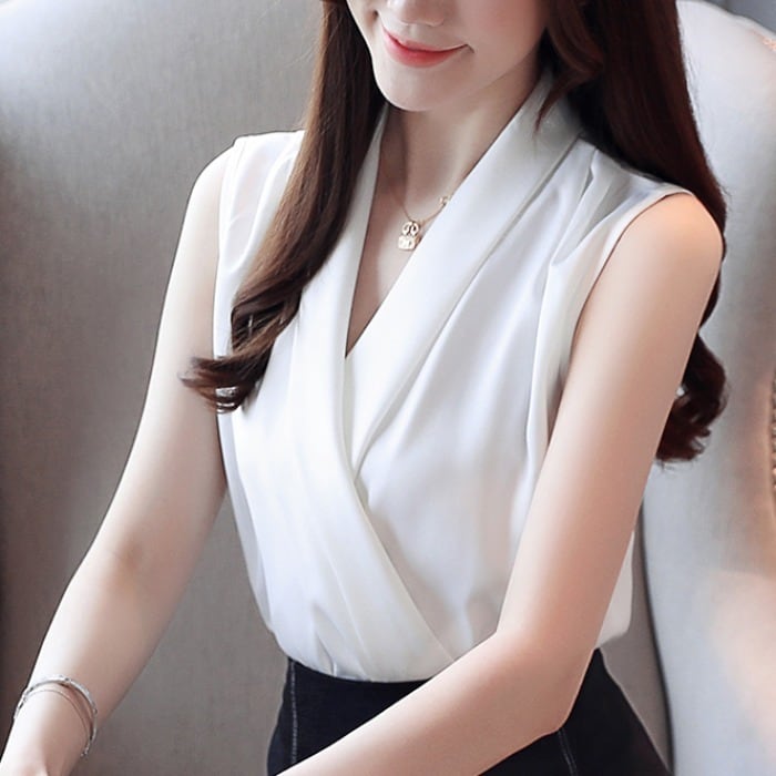 【tops】Vネックノースリーブ無地着回しタンクトップシフォンF0253