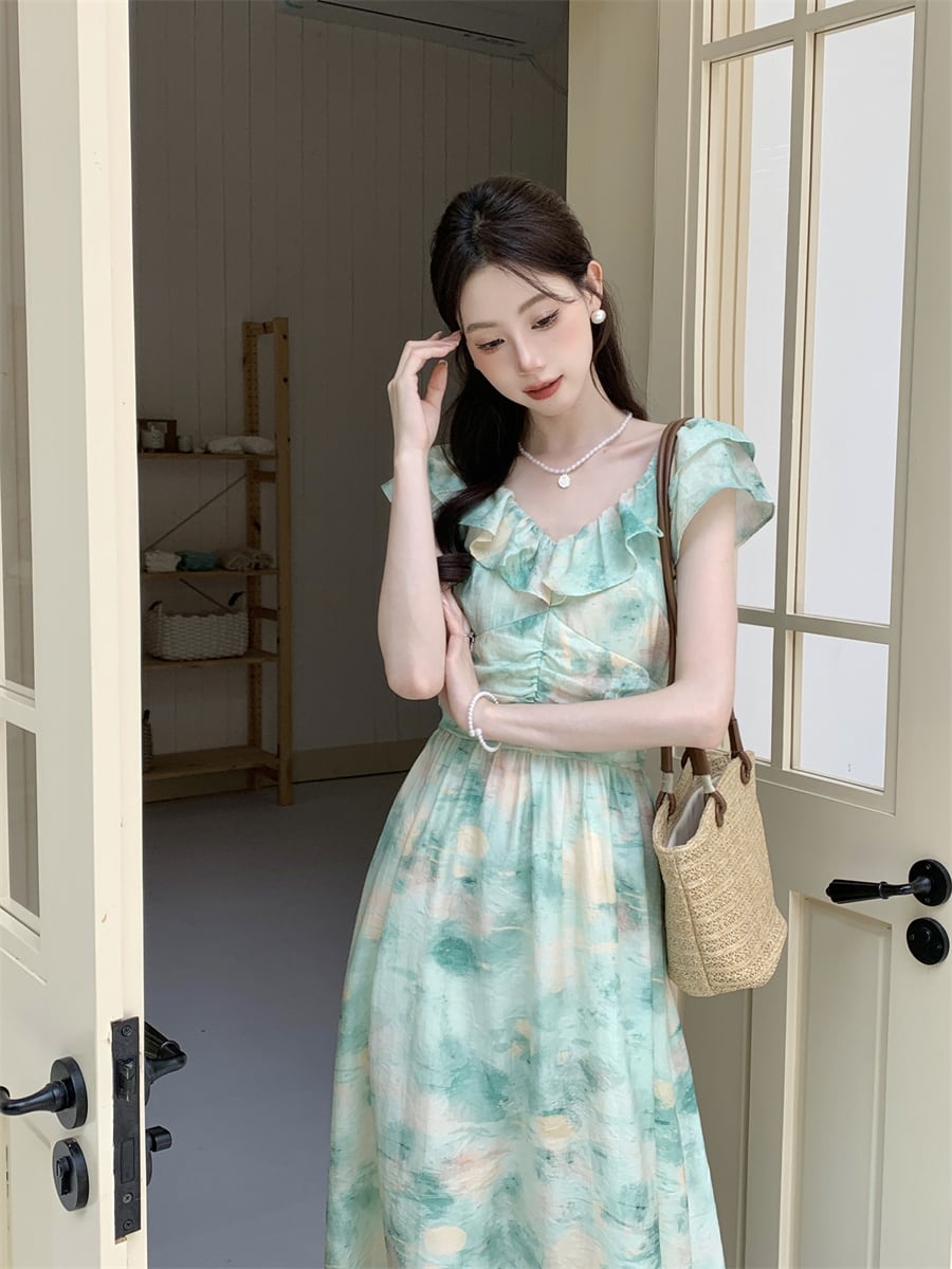 【dress】フリルプリントワンピース　M24463