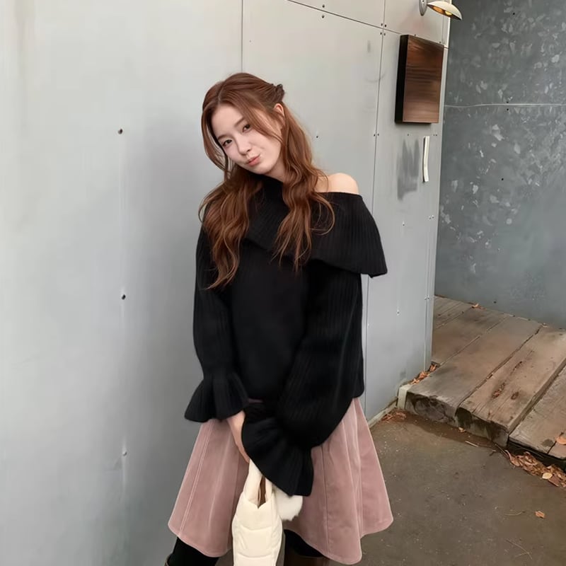 【tops】オフショルダーラペルニットトップス Q7643