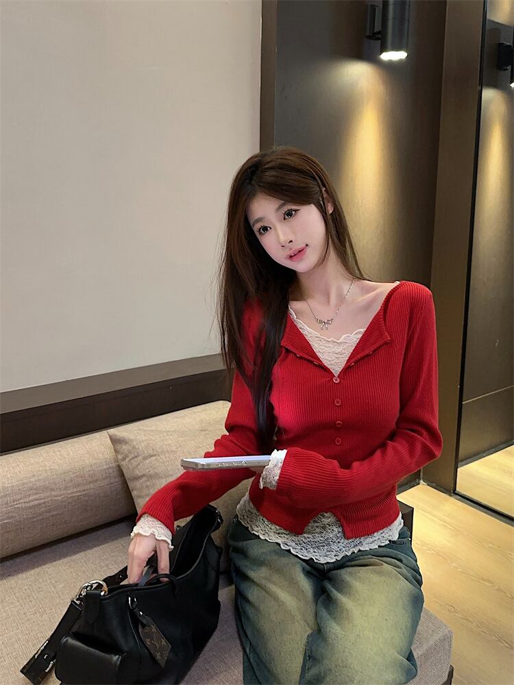 【【tops】レースドッキングニットトップス　M28831