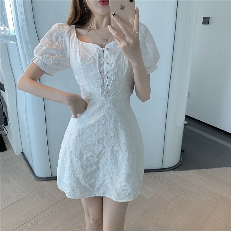 【dress】必ず目を引くスクエアネック半袖花模様Aライン体型カバーワンピース F0410