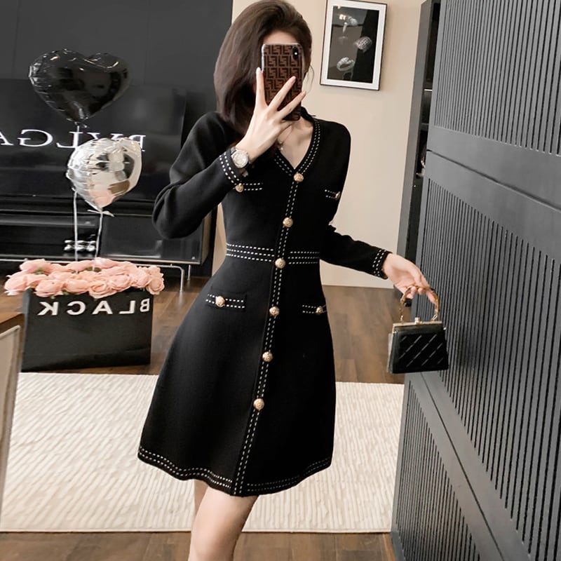 【dress】Vネックニットワンピース Q6810