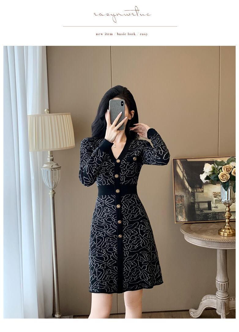 【dress】ジャカードVネックニットワンピース　M27683
