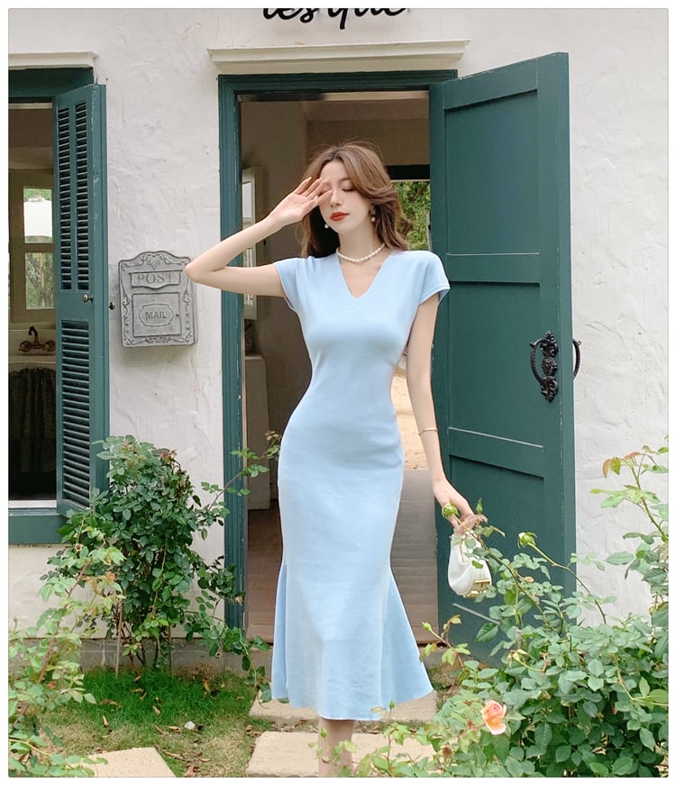 【dress】VネックマーメイドニットワンピースF7441