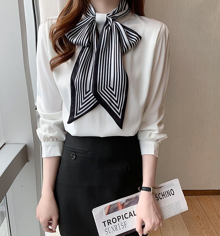 【tops】オシャレ度満点〜2色タイカラー長袖韓国風配色おしゃれ着回しブラウスF1765