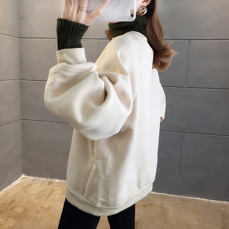 【tops】店長推薦秋冬新作2色ハイネック長袖英字柄配色ゆったり切り替え着回しパーカーF0904