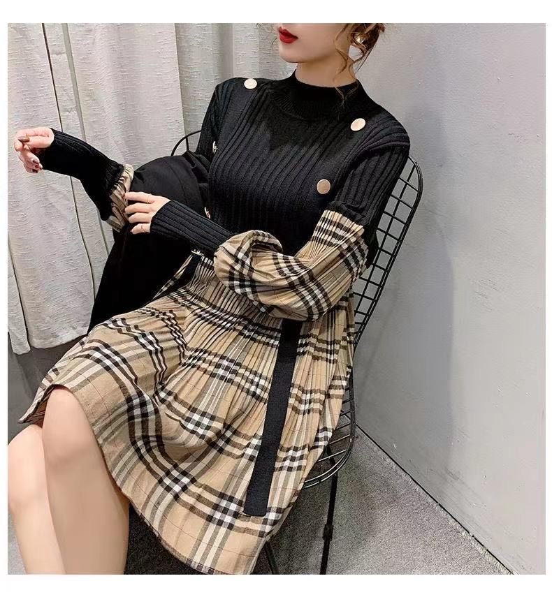 【dress】長袖切り替えチェック柄ワンピースF8136