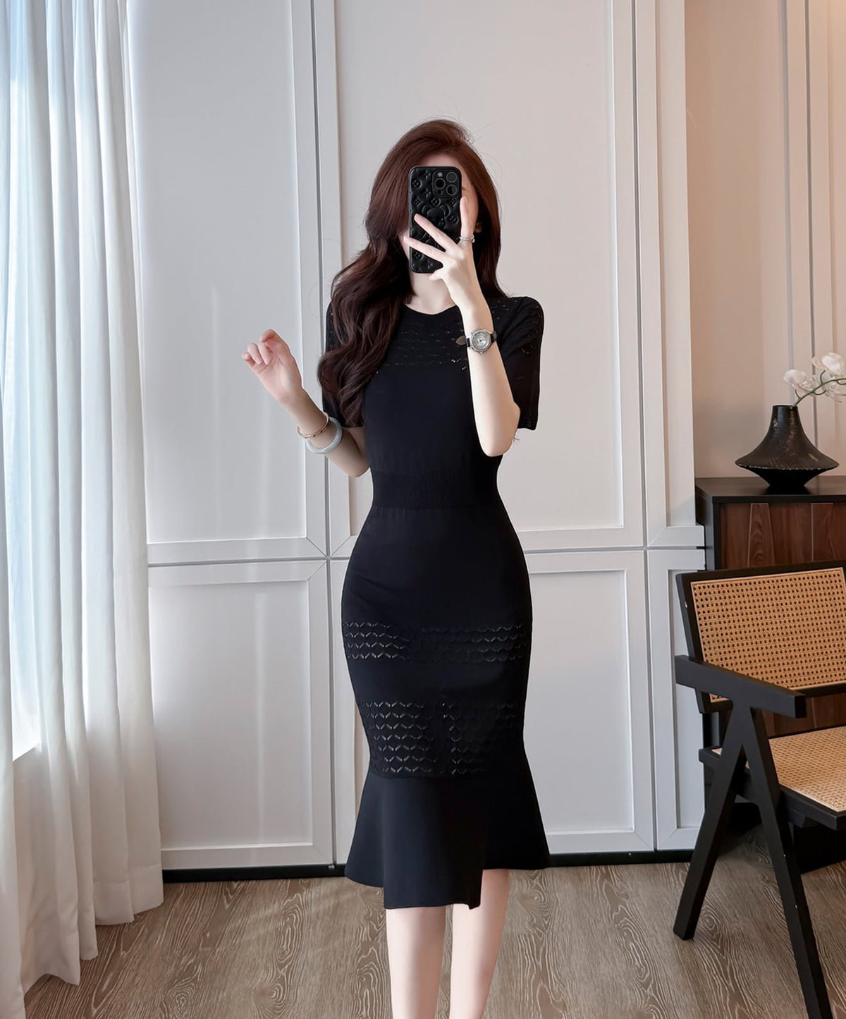 【dress】半袖ニットマーメイドワンピース Q8494