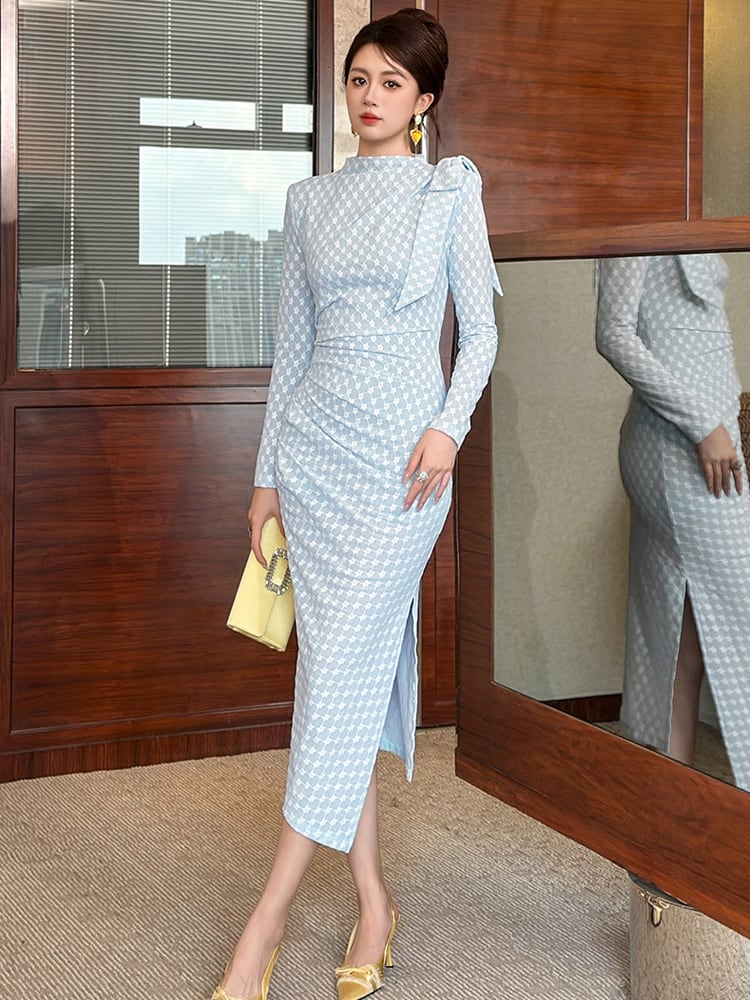 【dress】リボン付きスリット入れニットワンピース Q7186