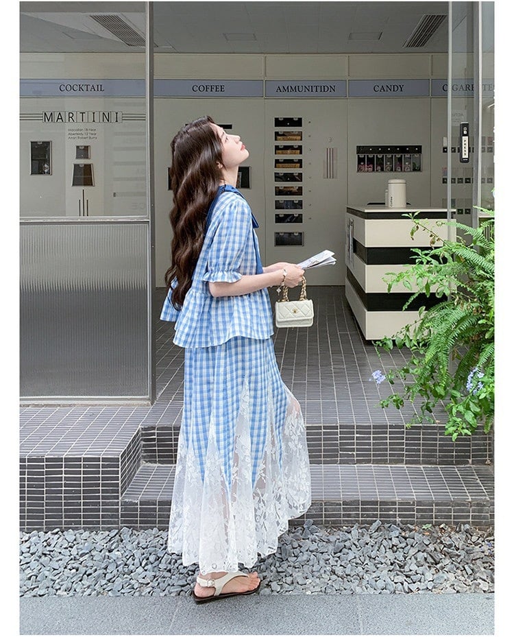 【set】  ペプラムブラウス×レースドッキングスカートチェックセット   K0555