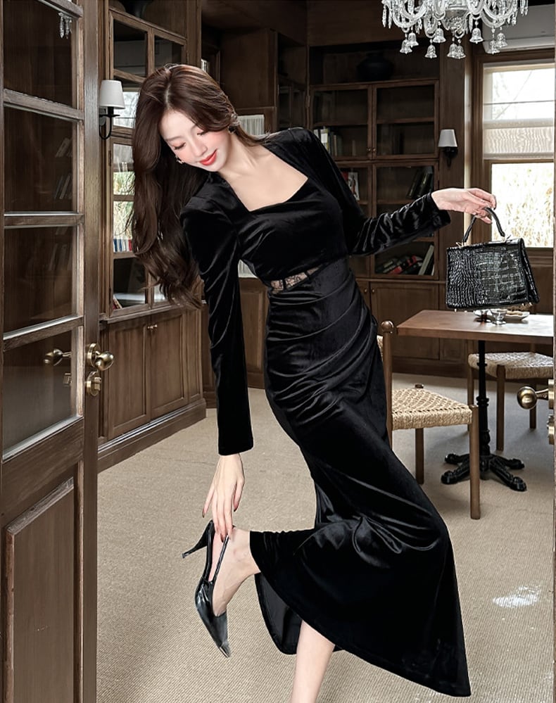 【dress】スクエアネックレースドッキングロングワンピース Q7286