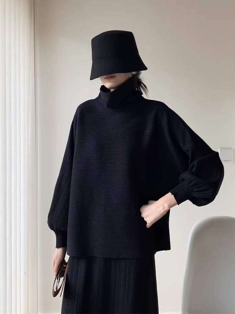 【set】ベルト付きハイネックニットトップス×ロングスカートセット Q7722