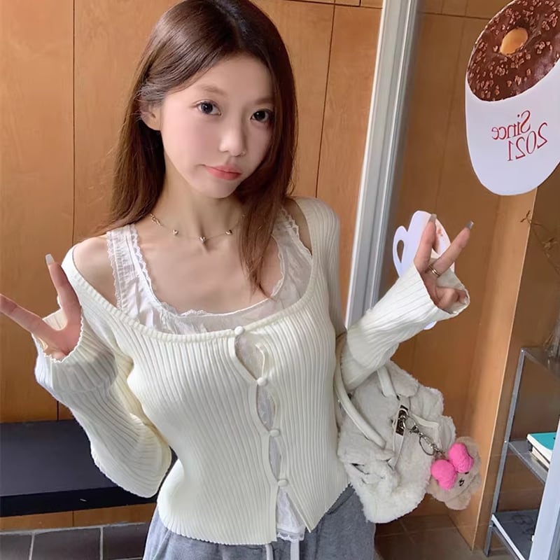 【tops】フェイクレイヤードニットトップス Q8152