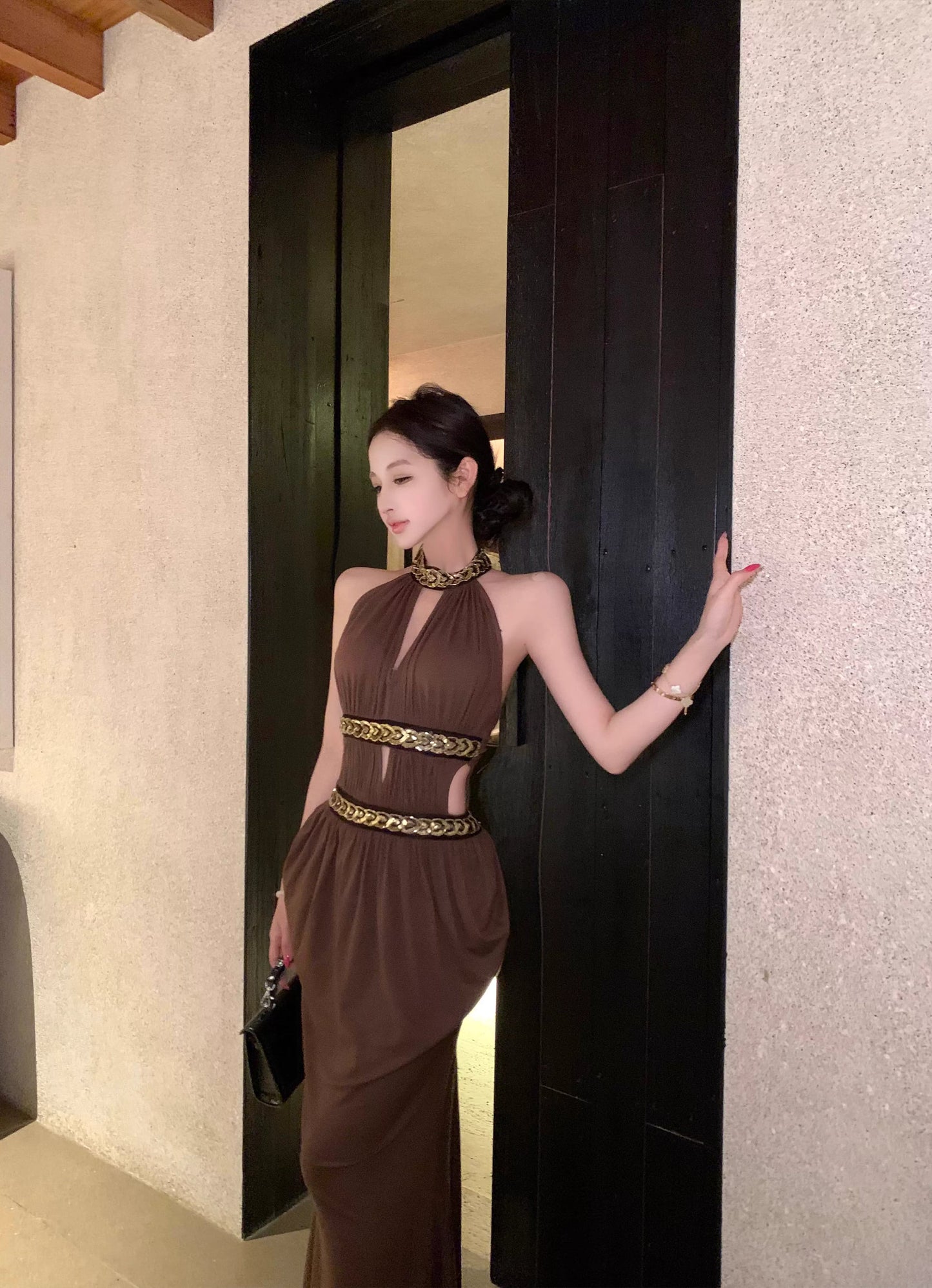 【dress】ホルターネックサイドカットロングワンピース Q8293