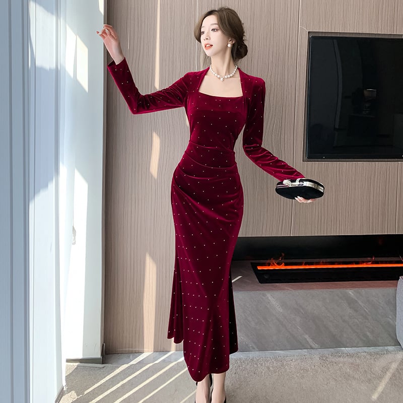 【dress】ラインストーン付きマーメイドワンピース Q6905