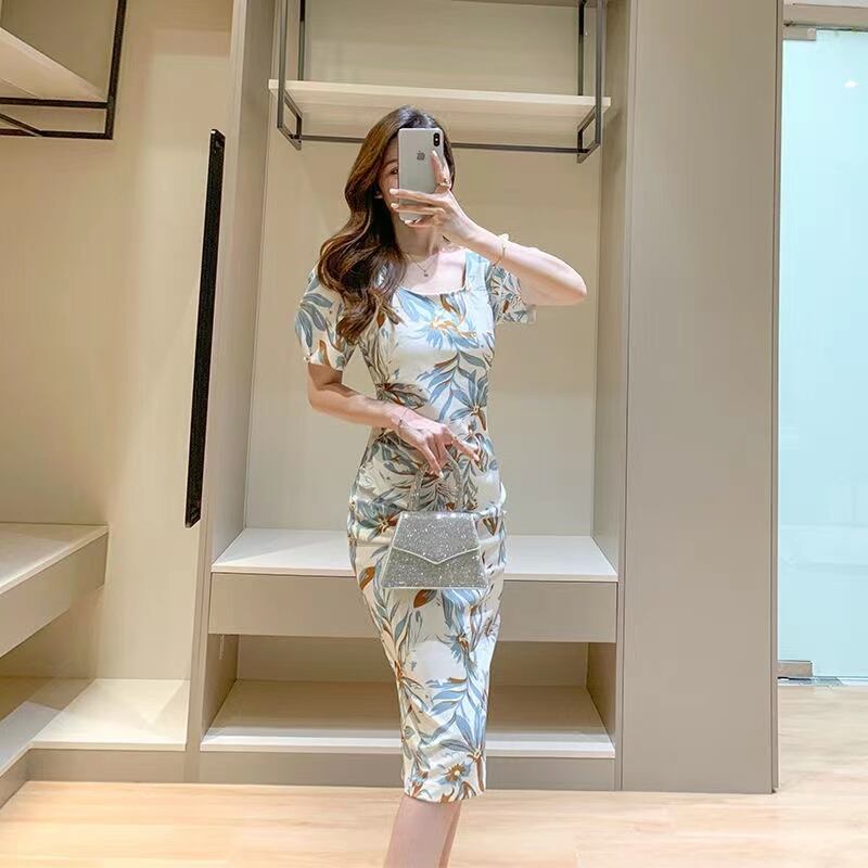 【dress】スクェアネック半袖花柄配色着やせタイトワンピースF2741