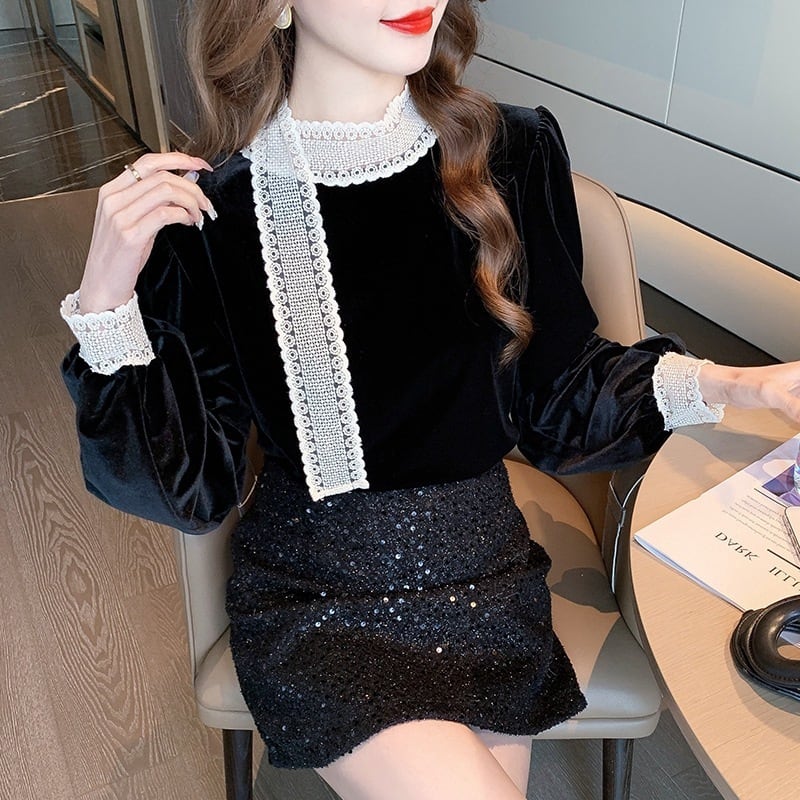 【tops】レース切り替えシャツトップス　M27569