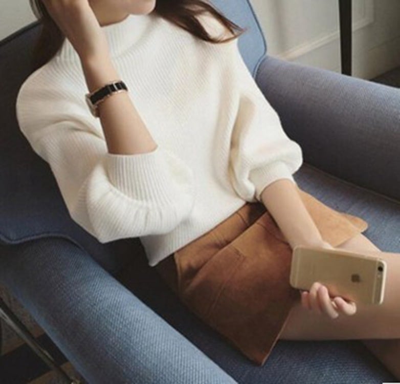 【tops】女性力を高める〜ハーフネック長袖パフ袖体型カバーファッション無地セーターF0826