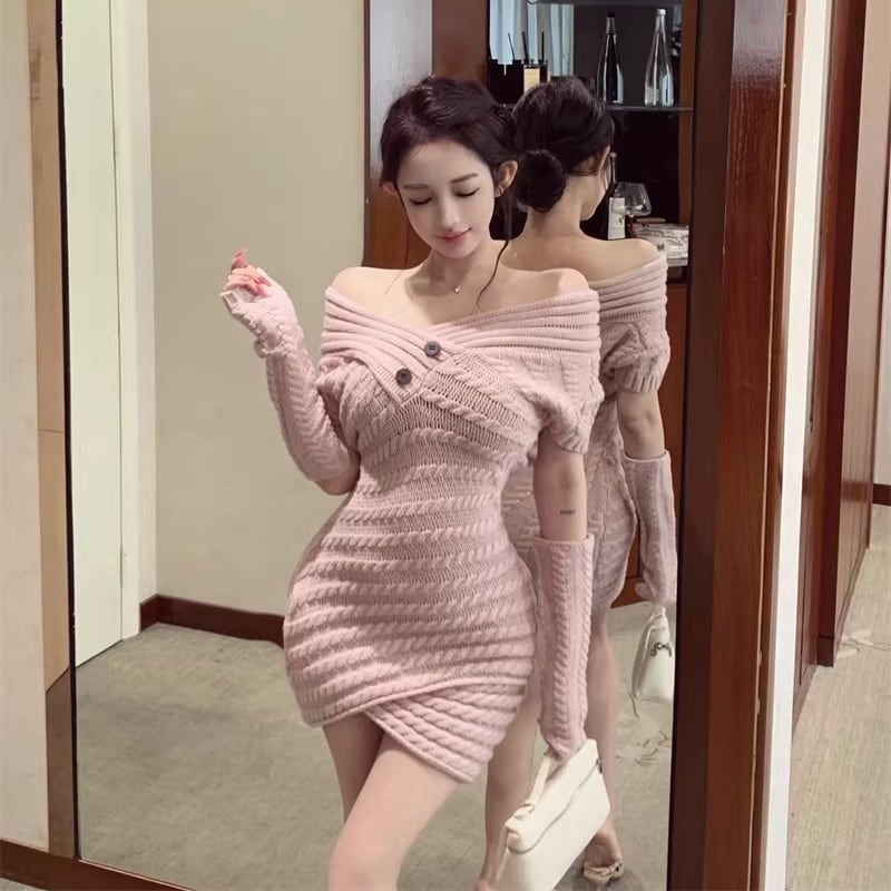 【dress】アームウォーマ付きクロスネックニットワンピース Q7850